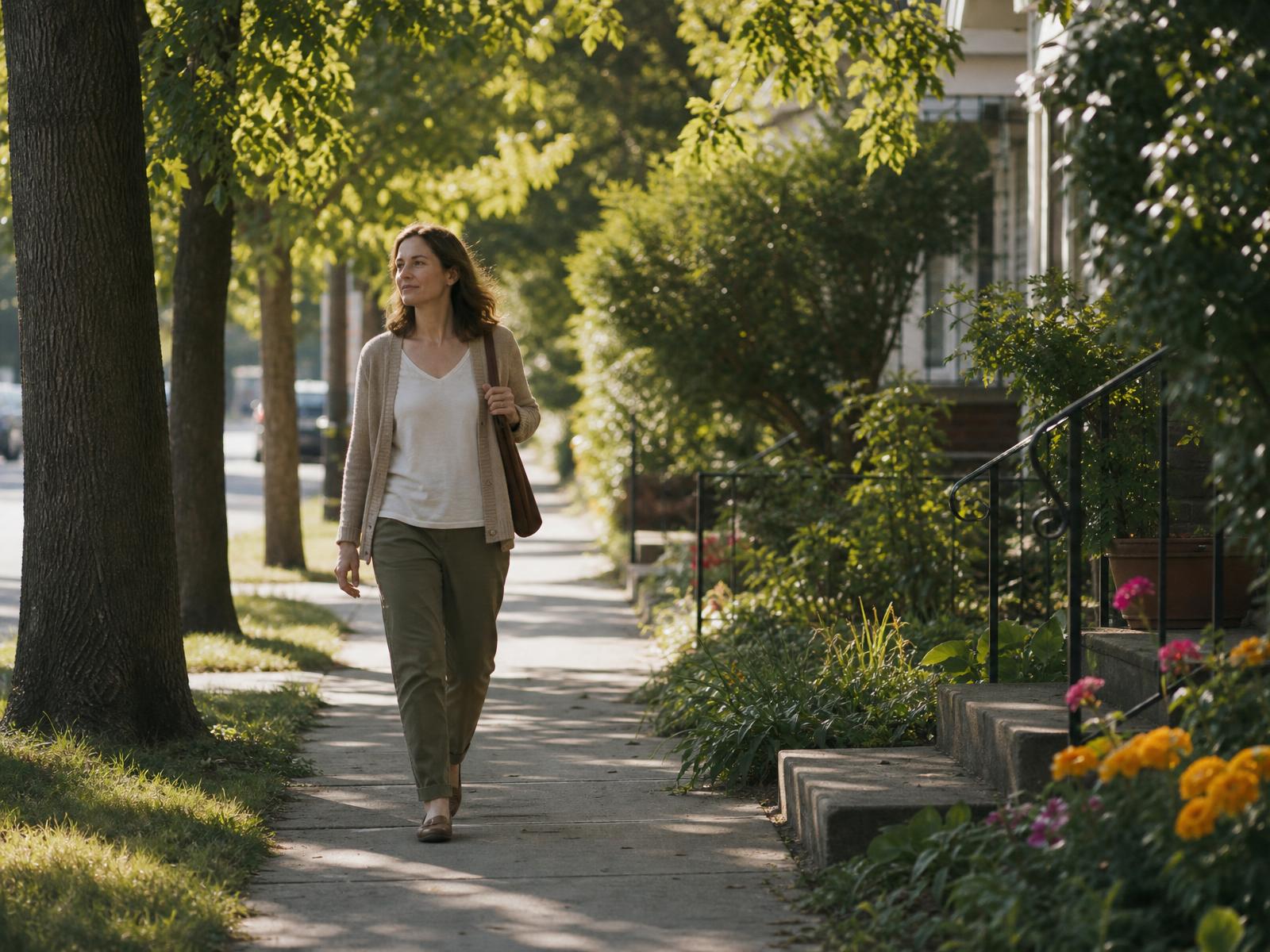 A woman walking along a quiet tree-lined sidewalk in soft morning light, moving forward with calm