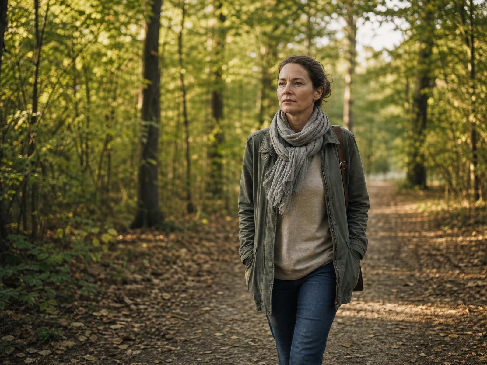 A woman walking a quiet woodland path in warm late-afternoon light, carrying grief with quiet resolve and hope