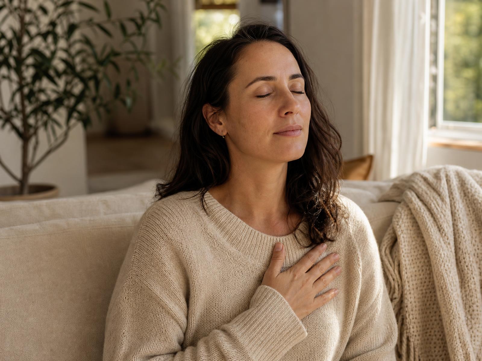 A woman resting on a linen sofa with her hand on her heart, eyes gently closed, in warm afternoon light