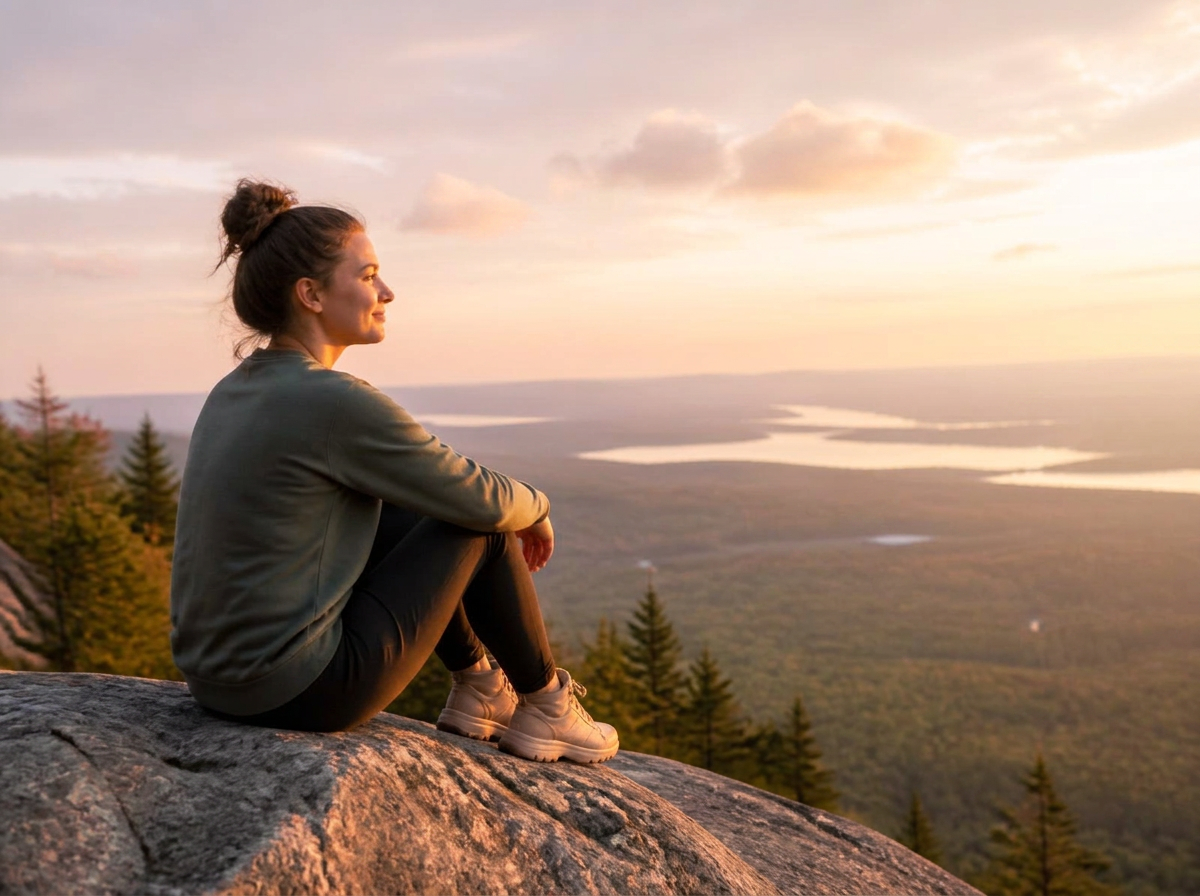 A young woman sits peacefully on a hillside rock at sunrise, looking out over a wide valley with quiet hope